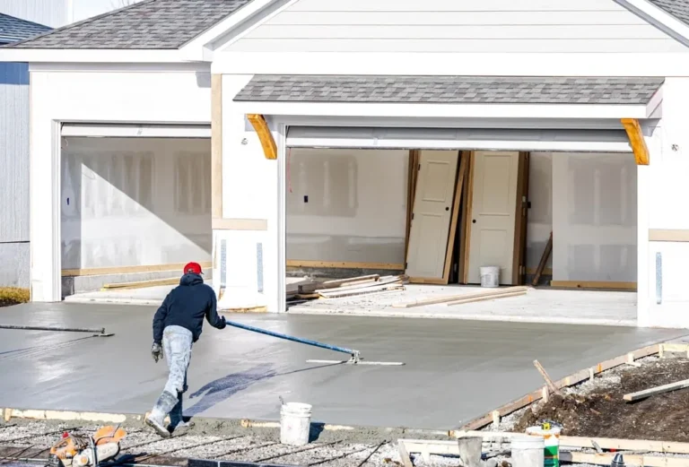 Contractor smoothing out a concrete driveway